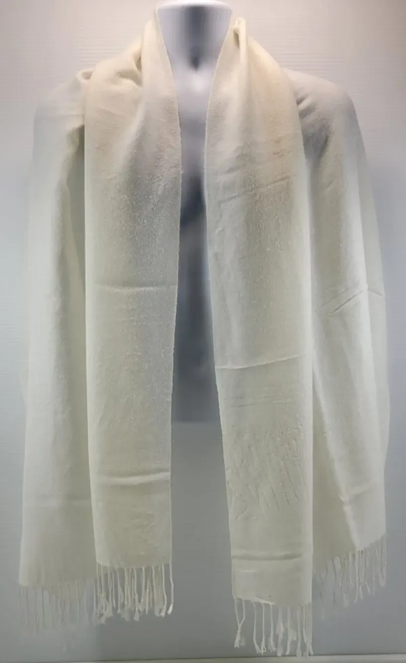L6) Women Pashmire White Fringed Tassel Viscose Acrylic Winter Scarf